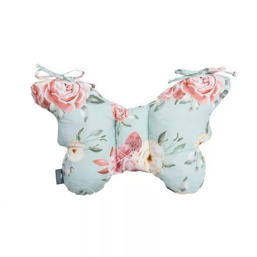 Sleepee Butterfly anti-shock pillangó babapárna Fiore (kék virágos) mintával, rázkódás elleni fejtámasztó babapárna babakocsiba és autósülésbe