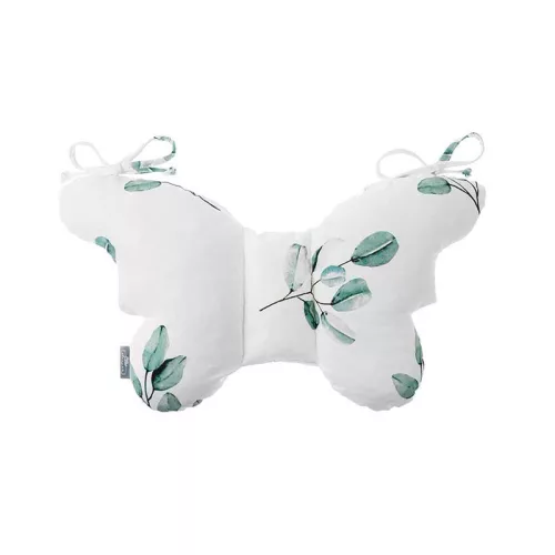 Sleepee Butterfly anti-shock pillangó babapárna Eucalyptus (zöld leveles) mintával, rázkódás elleni fejtámasztó babapárna babakocsiba és autósülésbe
