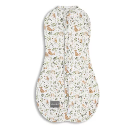 Sleepee First Step újszülött baba pólya, puha pamut anyagból, bézs erdei állatkás (Ivory Forest) mintával (0.5 TOG)