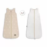 Sleepee újszülött kifordítható muszlin baba hálózsák 0-4 hó (S méret),  beige homok szín, fehér szívecskés mintával (1.0 TOG)