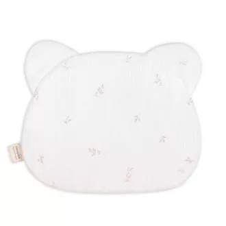 Sleepee muszlin Teddy babapárna fehér színben, leveles mintával, maci formájú puha és légáteresztő pamut babapárna